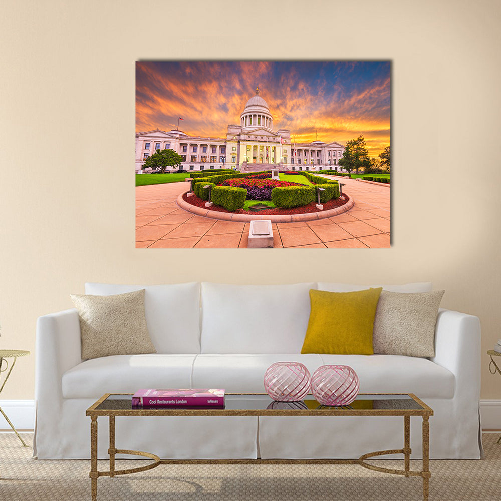 Arkansas State Capitol Building Canvas Wall Art in beige, orange and blue, single panel hung on a wall