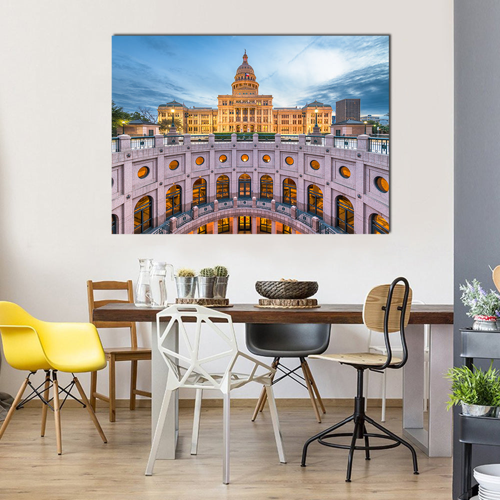Austin State Capitol at Blue Hour Canvas Wall Art in beige, blue and pink, single panel hung on a wall