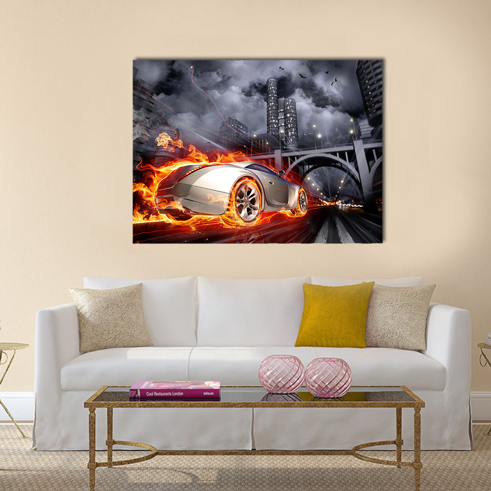 Flaming Sports Car at Night Canvas Wall Art in black, gray and orange, single panel hung on a wall