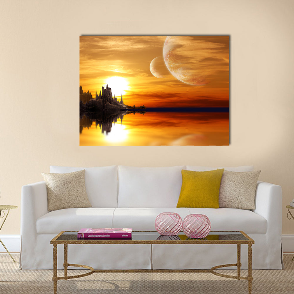 Alien Planet Sunset with Twin Moons Canvas Wall Art
