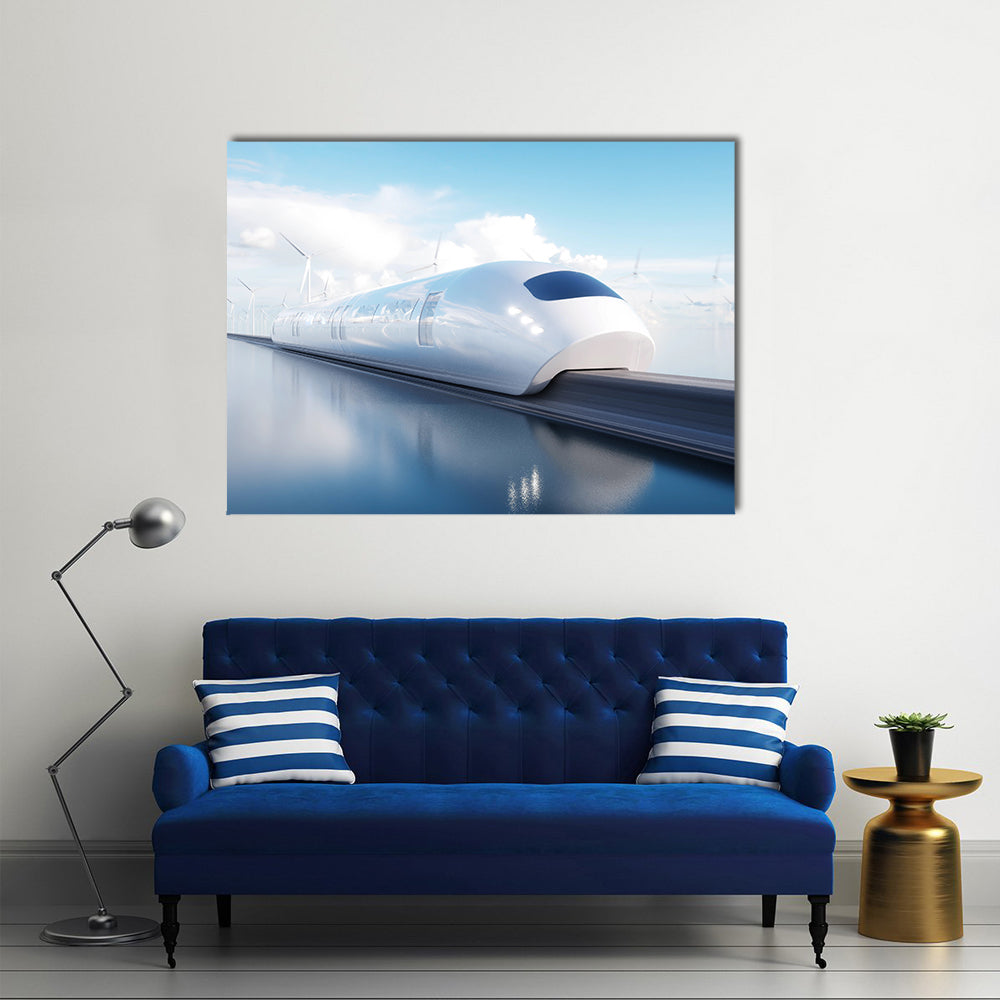Futuristic High-speed Maglev Train Canvas Wall Art in white, gray and blue, single panel hung on a wall