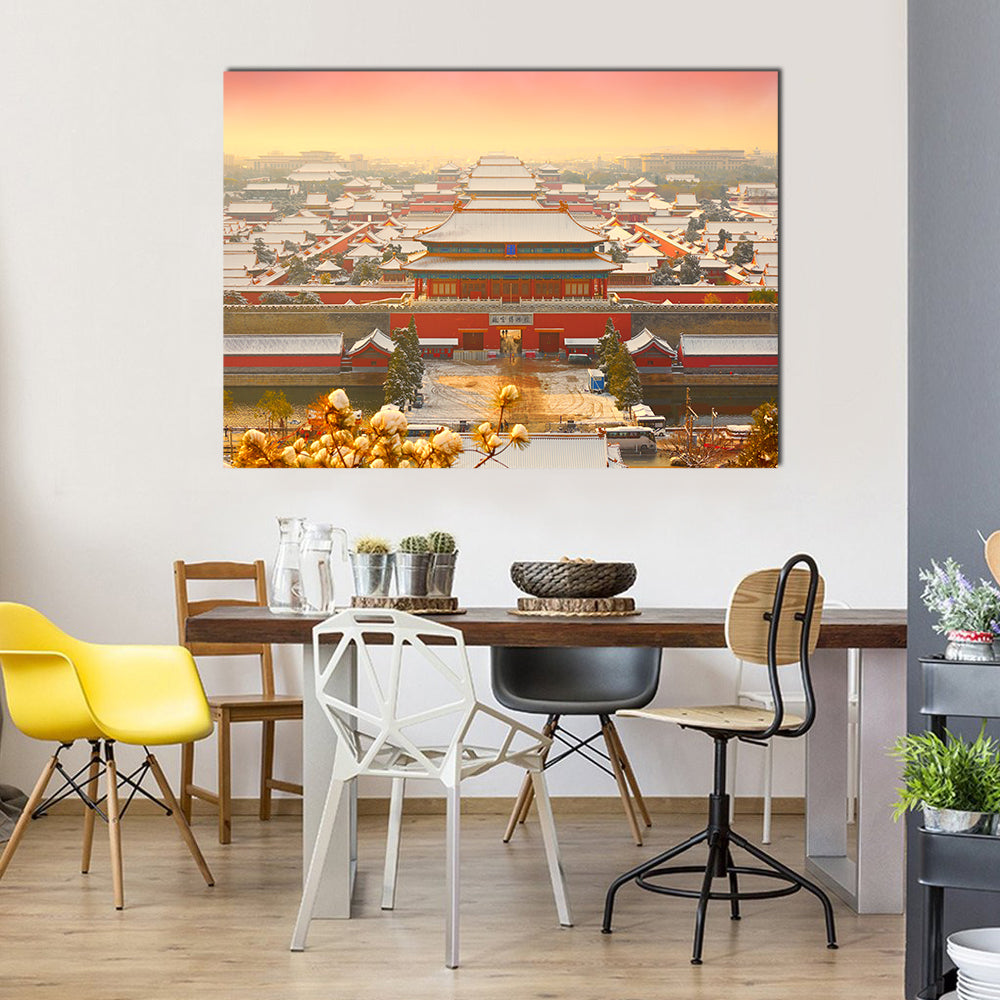 Forbidden City Snow at Sunset Canvas Wall Art in white, red and orange, single panel hung on a wall