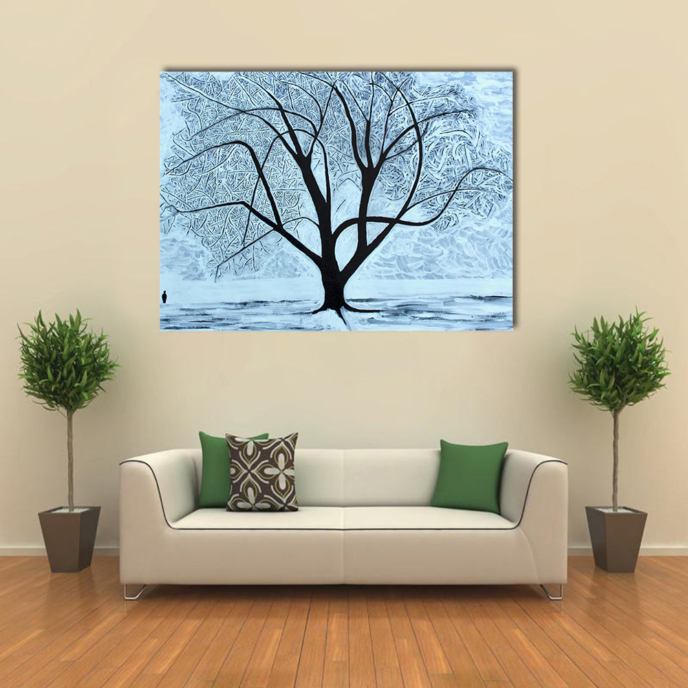 Snowy Tree with Lone Figure Canvas Wall Art in black, white and blue, single panel hung on a wall