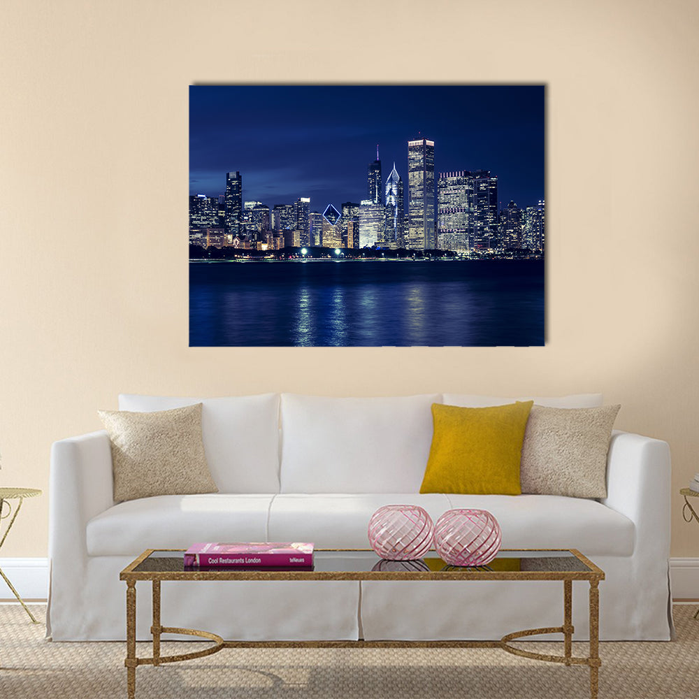 Chicago Skyline By Night Canvas Wall Art in black, blue and navy, single panel hung on a wall