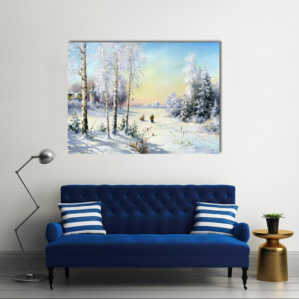 Frozen Lake In Winter Village Canvas Wall Art