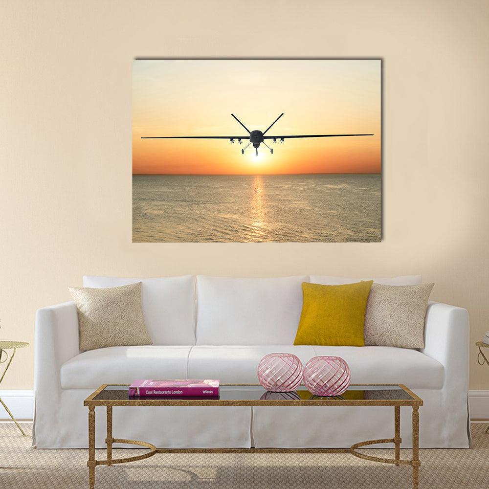 Military Drone at Sunset Canvas Wall Art