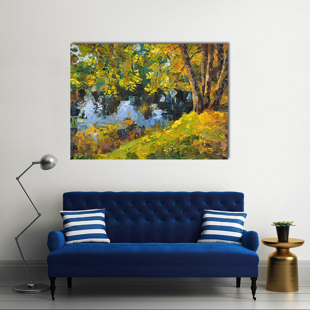 Autumn Day on the Lake Canvas Wall Art in brown, yellow and green, single panel hung on a wall