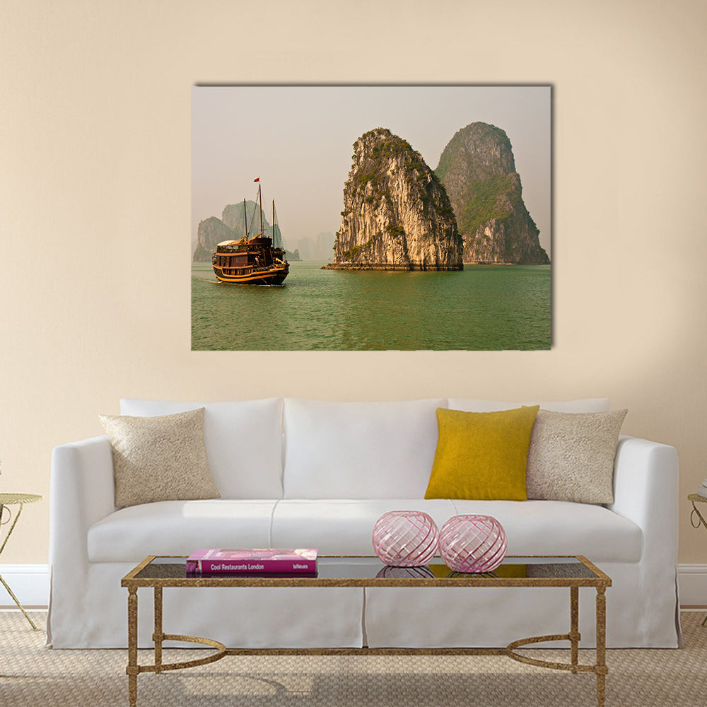 Boat in Halong Bay, Vietnam Canvas Wall Art in gray, beige and green, single panel hung on a wall