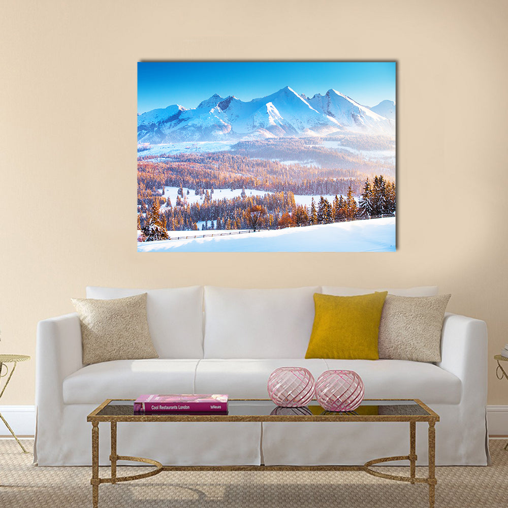 Snowy Mountain Peaks In Frosty Morning Canvas Wall Art