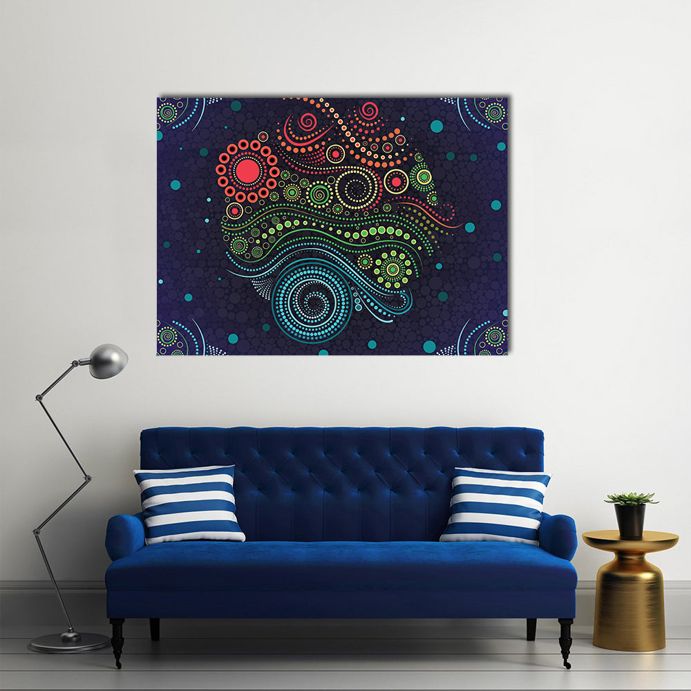 Colorful Aboriginal Dot Canvas Wall Art in black, navy and multicolor, single panel hung on a wall