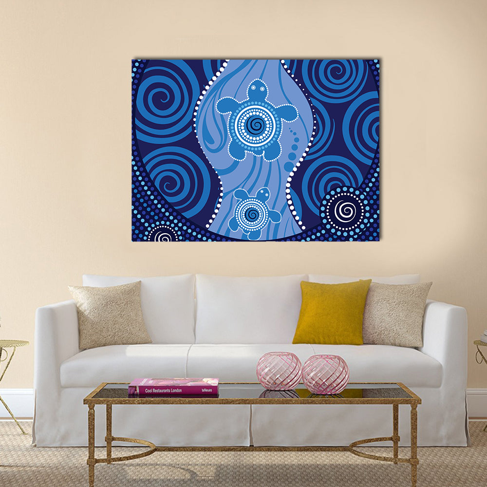 Blue Aboriginal Sea Turtles Dot Painting Canvas Wall Art