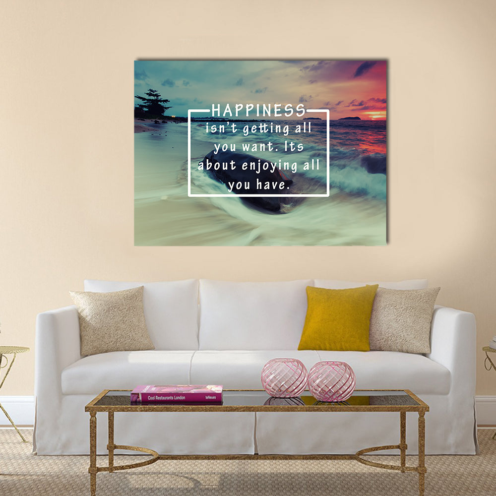 Happiness Quote Over Sunset Beach Canvas Wall Art in orange, blue and pink, single panel hung on a wall