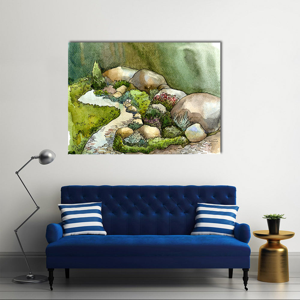 Watercolor Creek in Rock Garden Canvas Wall Art