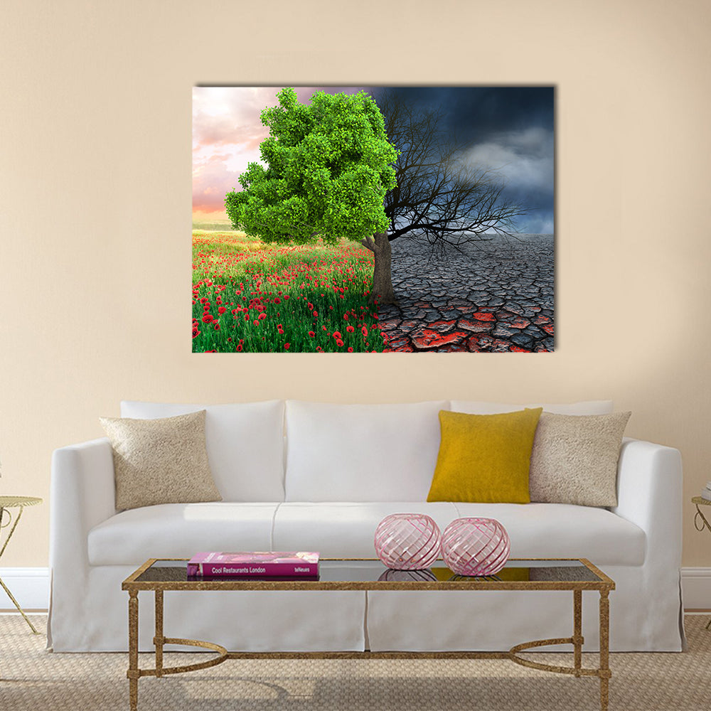 Split Tree with Poppies and Cracked Earth Canvas Wall Art