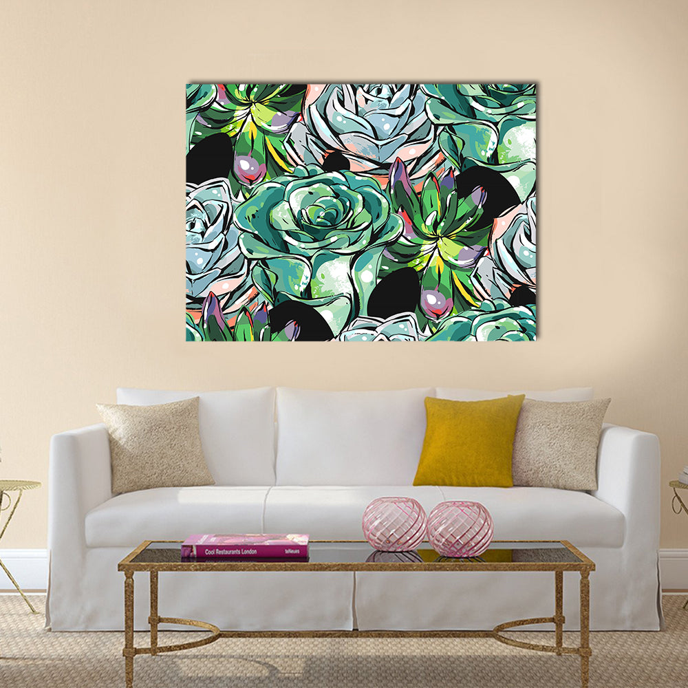 Succulent Rosettes Abstract Pattern Canvas Wall Art in black, green and blue, single panel hung on a wall