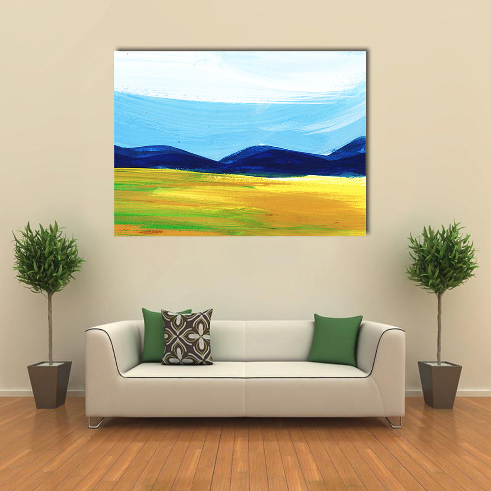 Scenic Mountains Field Artwork Canvas Wall Art in yellow, green and blue, single panel hung on a wall
