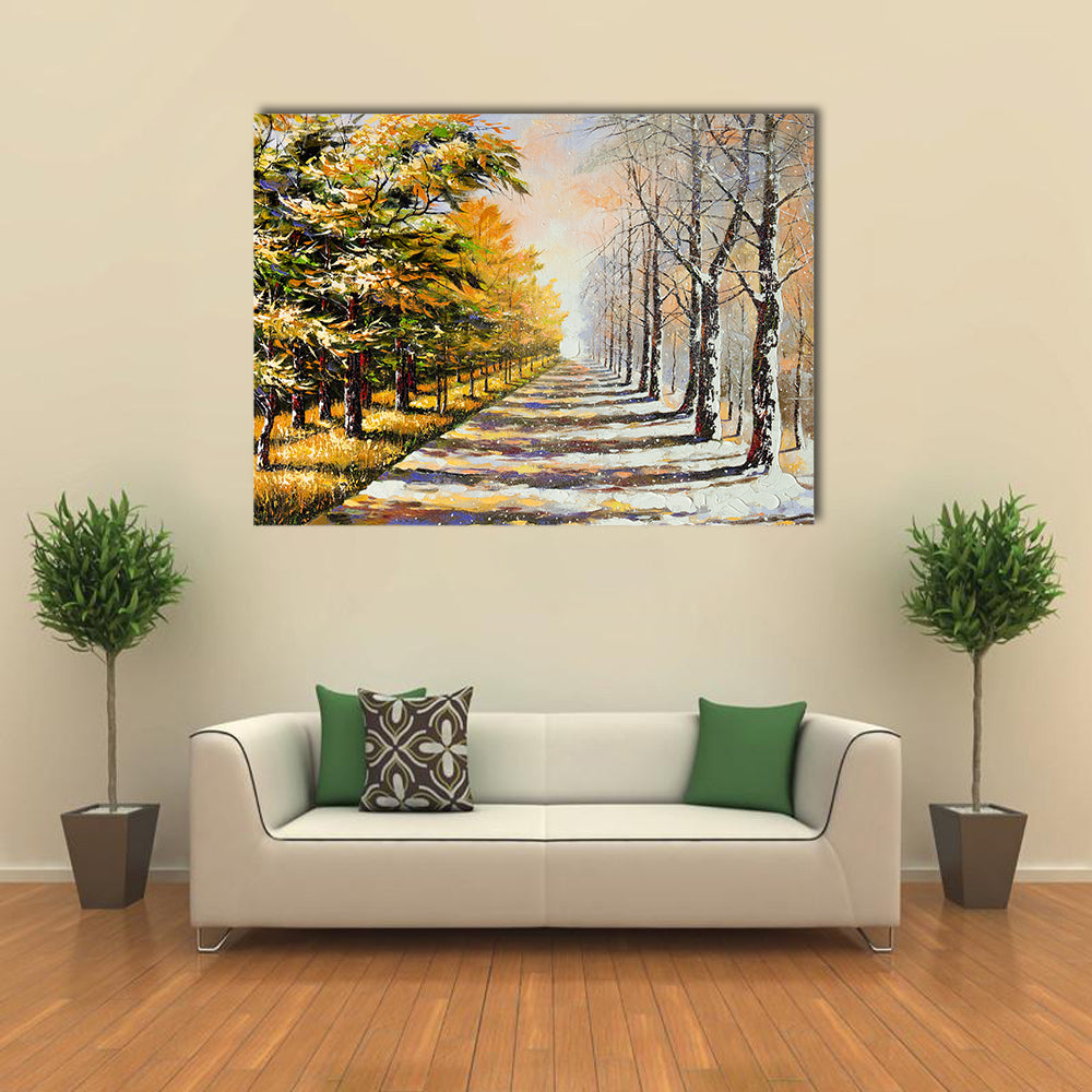 Autumn Walkway with Snow Canvas Wall Art