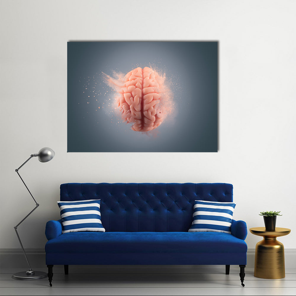 Floating Human Brain with Pink Powder Canvas Wall Art in gray and pink, single panel hung on a wall