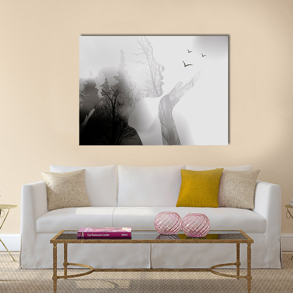 Woman Silhouette with Forest and Birds Canvas Wall Art in black, white and gray, single panel hung on a wall