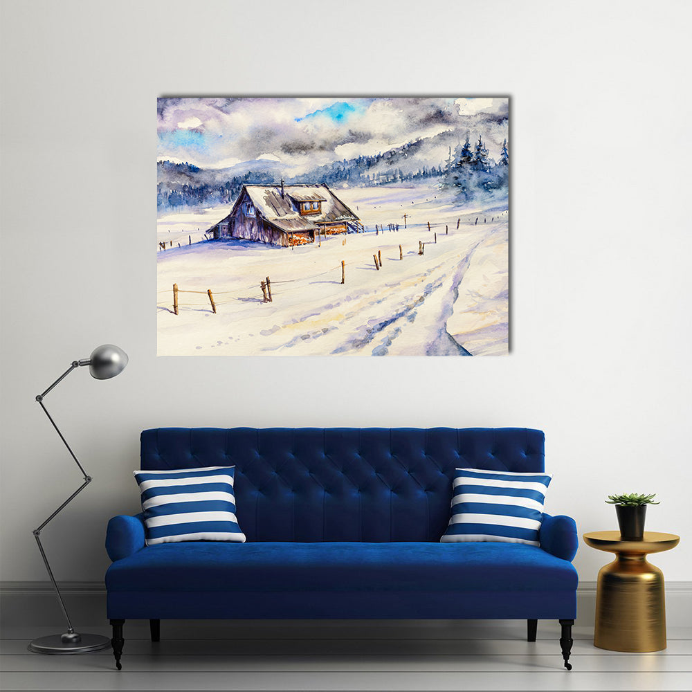 Snowy Cottage in Winter Mountains Canvas Wall Art in white, gray and blue, single panel hung on a wall