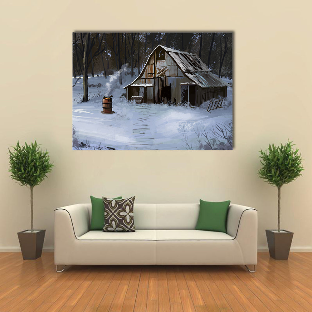 Small Cottage House In The Winter Forest Canvas Wall Art
