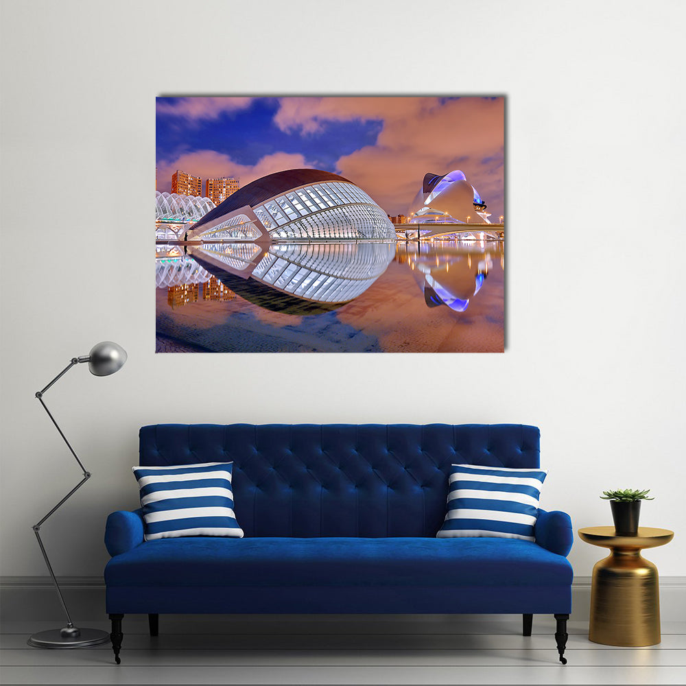 City of Arts and Sciences at Dusk Canvas Wall Art in white, orange and blue, single panel hung on a wall