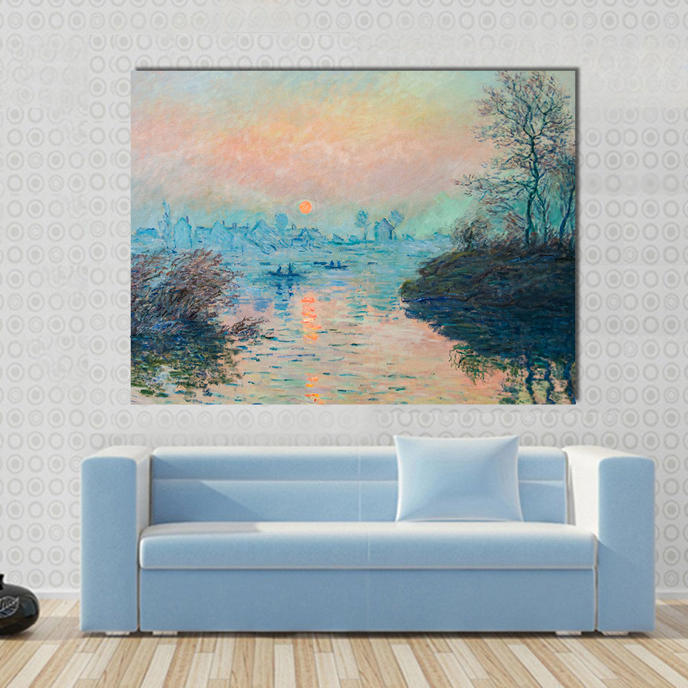 Claude Monet Sunrise Over River Canvas Wall Art in orange, blue and pink, single panel hung on a wall