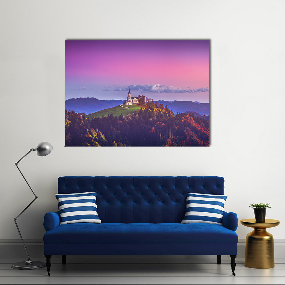 Church of Saint Leonard In London Canvas Wall Art in green, purple and pink, single panel hung on a wall