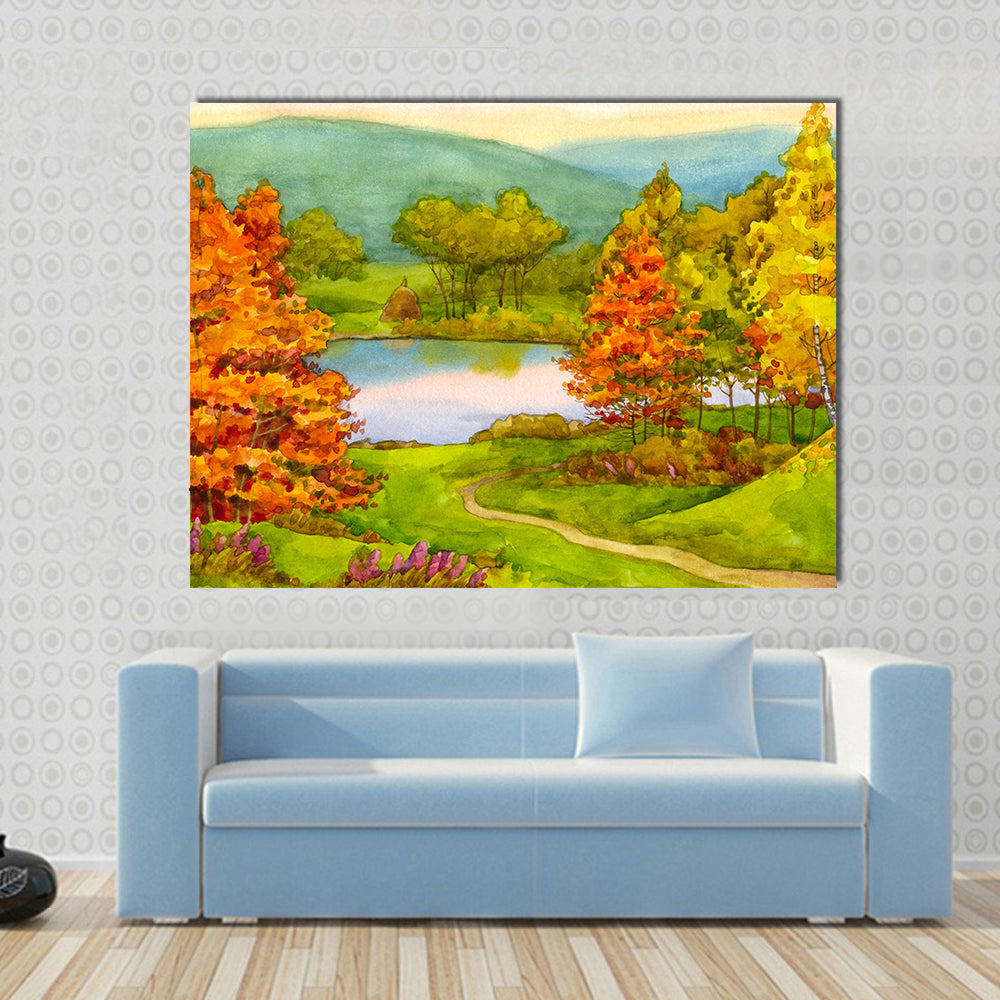 Autumn Lake with Winding Path Canvas Wall Art