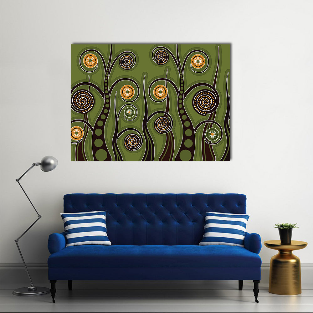 Olive Dotted Tree Dot Painting Canvas Wall Art in black, brown and green, single panel hung on a wall