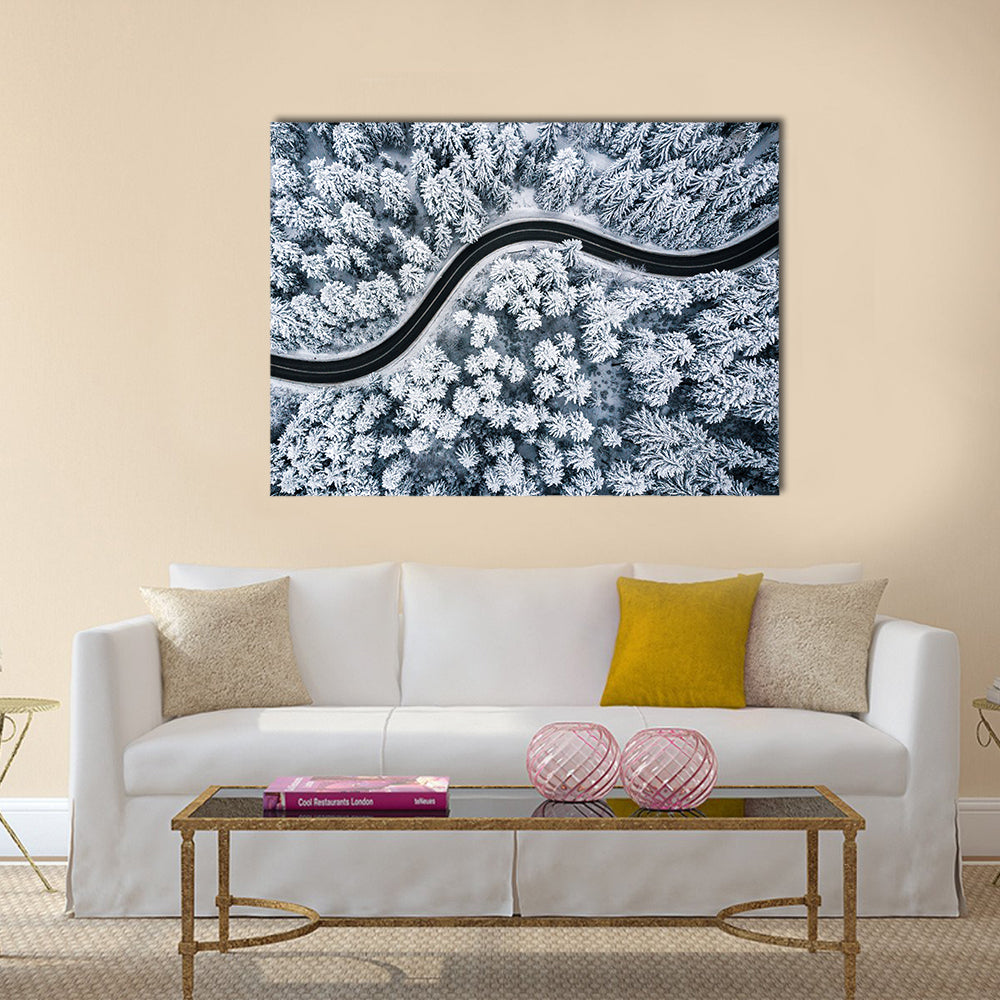 Curvy Windy Road In Snow Covered Forest Canvas Wall Art in black, white and gray, single panel hung on a wall