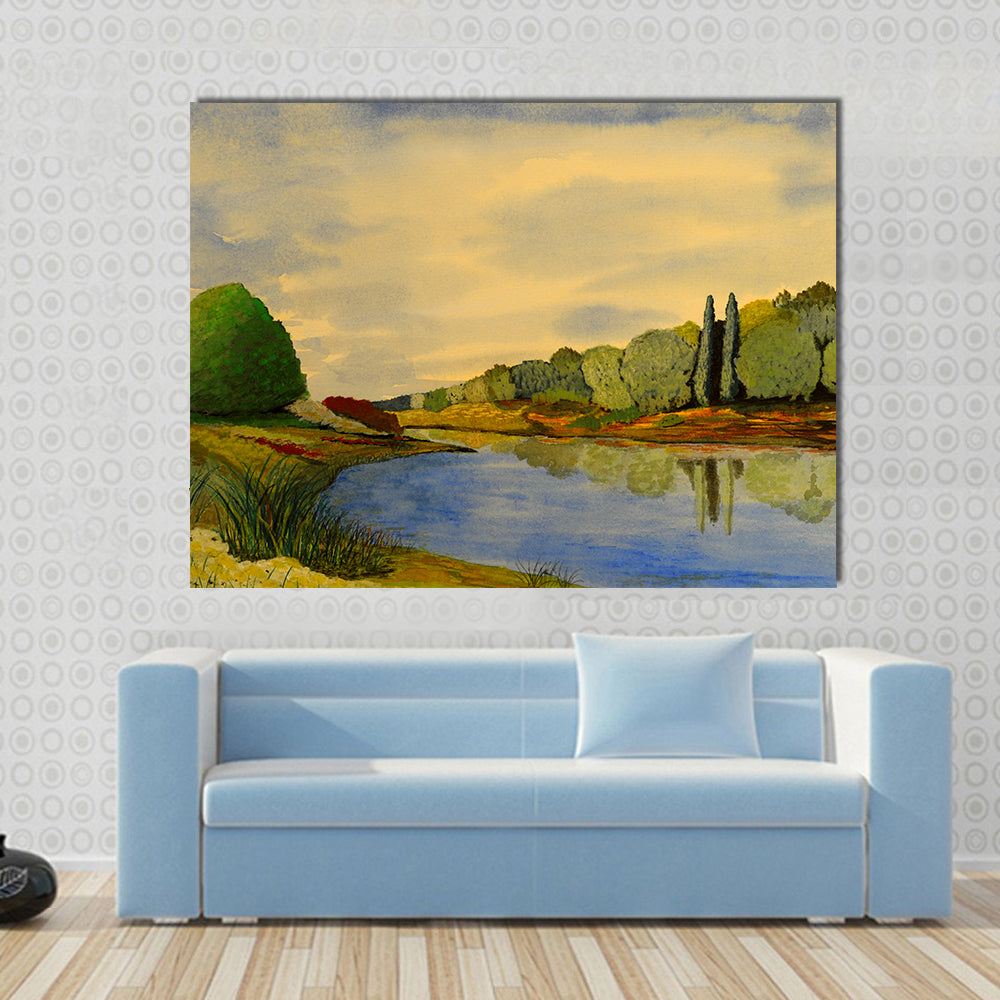 Golden River Bend Watercolor Canvas Wall Art in gold, yellow and green, single panel hung on a wall