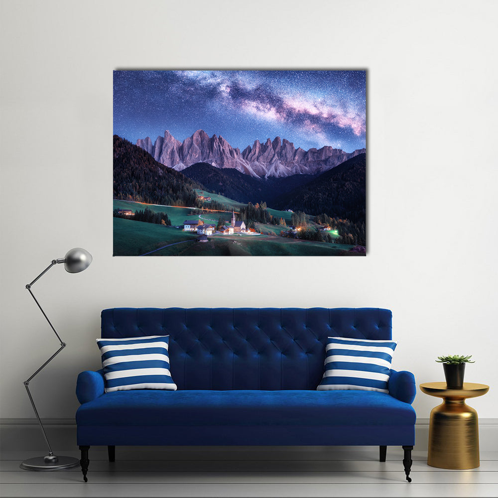 Santa Maddalena And Milky Way In Italy Canvas Wall Art in green, blue and purple, single panel hung on a wall