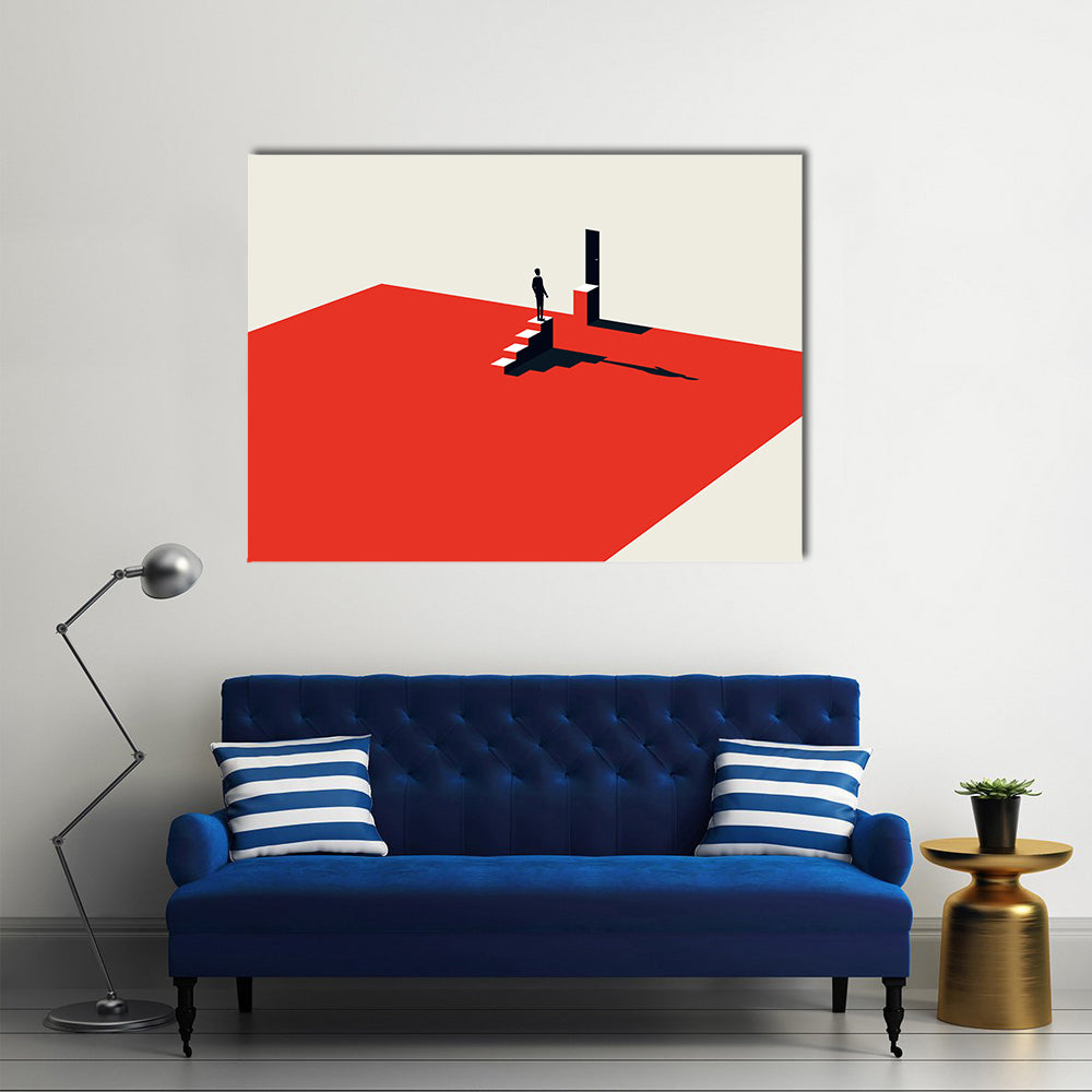 Solitary Figure on Red Stairs Canvas Wall Art in black, beige and red, single panel hung on a wall