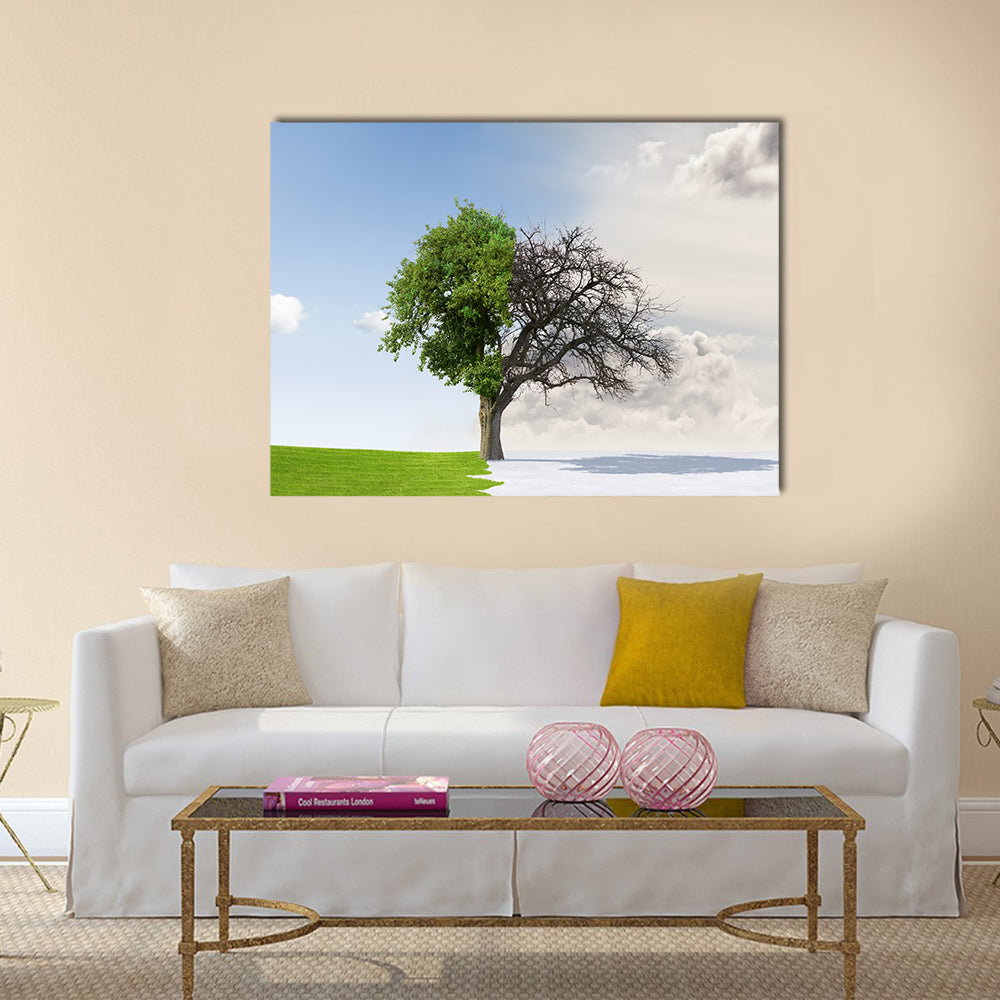 Tree Split Between Summer and Winter Canvas Wall Art