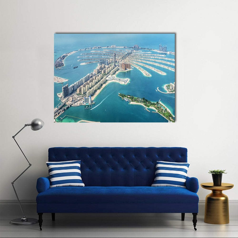 Aerial View of Palm Jumeirah, Dubai Canvas Wall Art in white, beige and blue, single panel hung on a wall