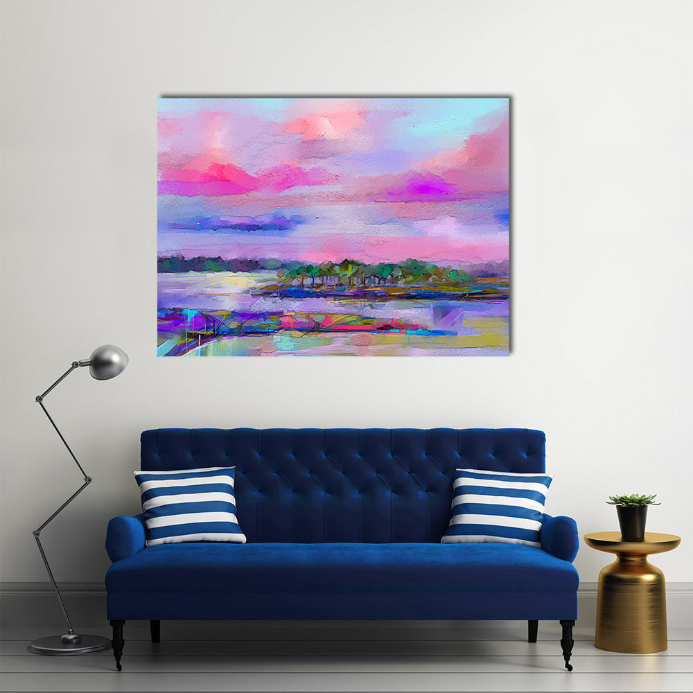 Colorful Sky River Landscape Canvas Wall Art in blue, purple and pink, single panel hung on a wall