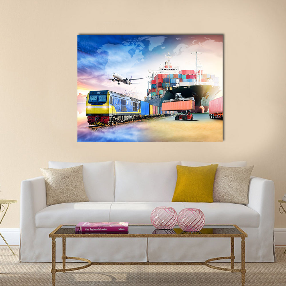 Global Logistics Transport Collage Canvas Wall Art in orange, blue and multicolor, single panel hung on a wall