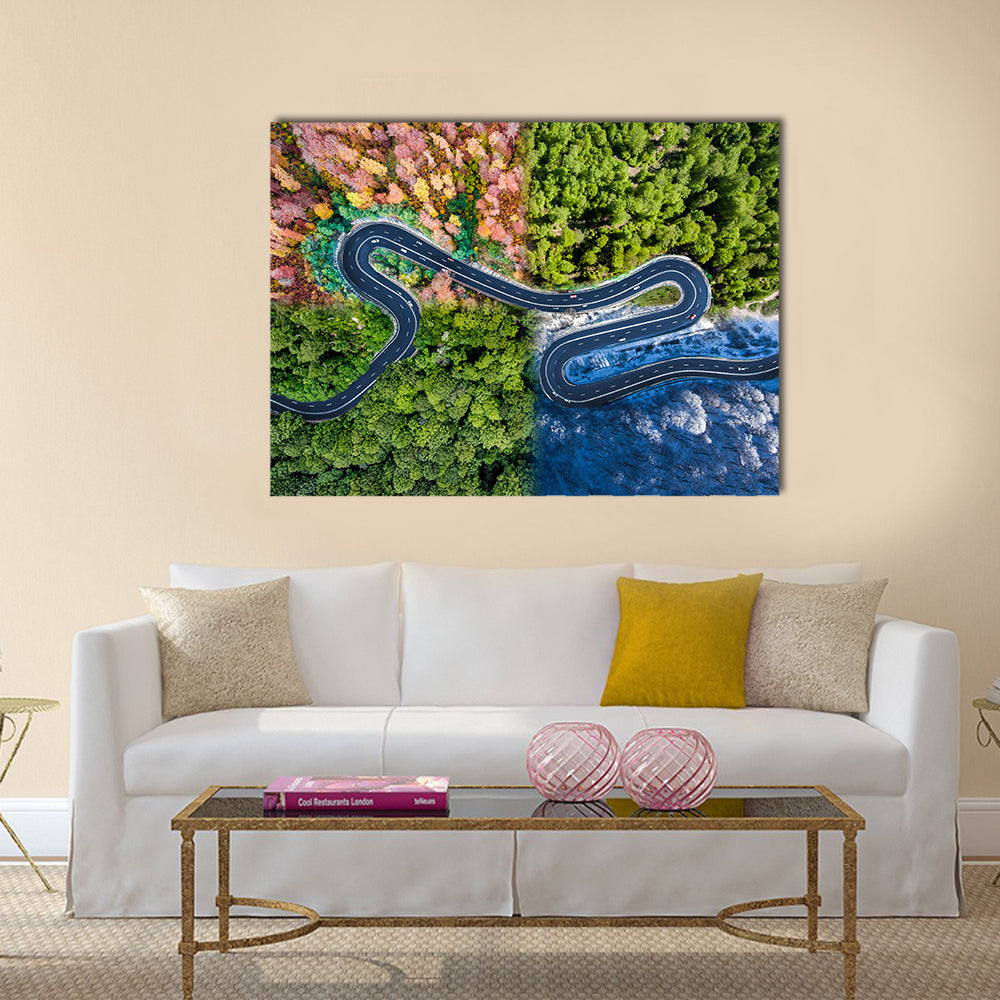 Highway Through The Forest Canvas Wall Art in green, blue and multicolor, single panel hung on a wall