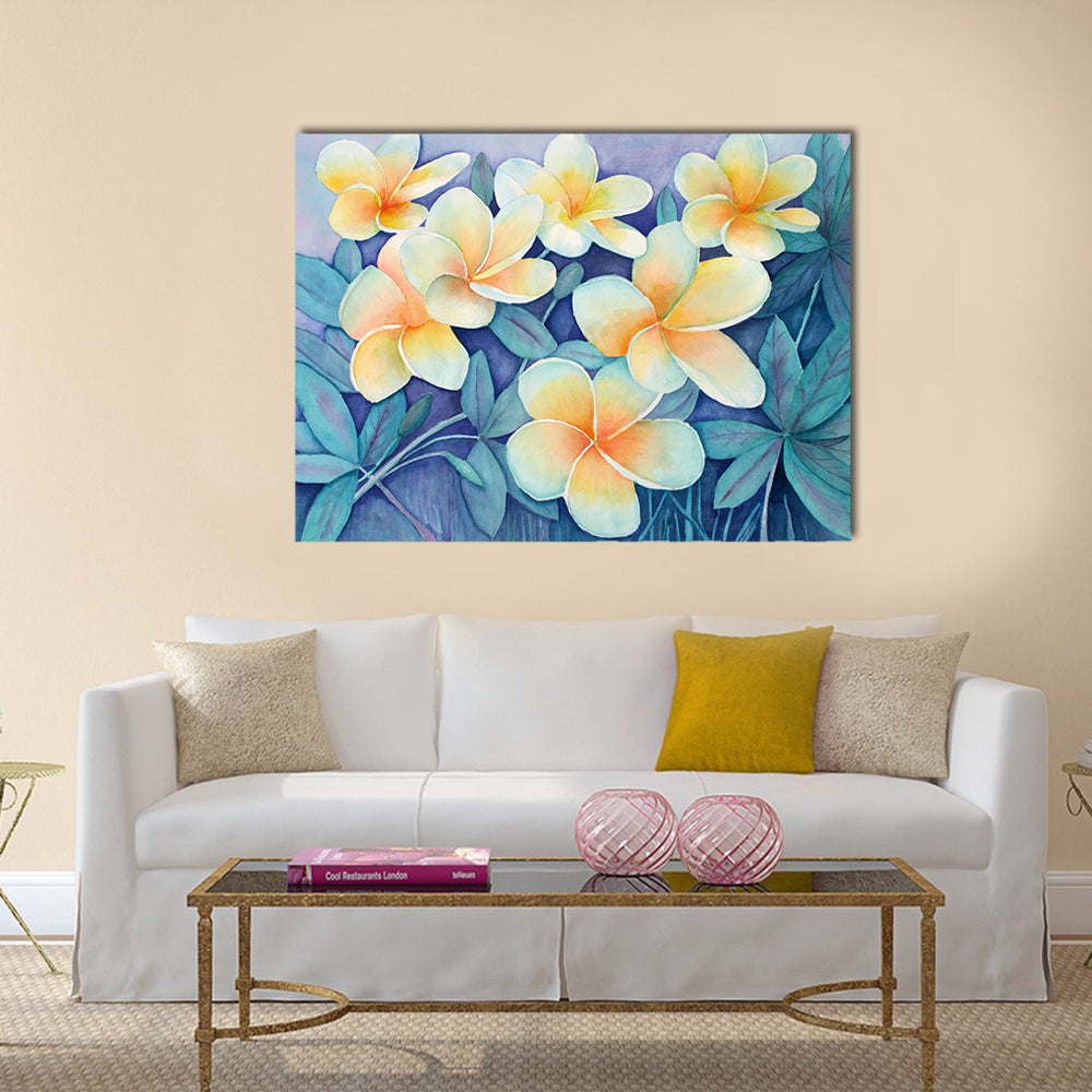Tropical Frangipani Flowers Canvas Wall Art in white, yellow and blue, single panel hung on a wall