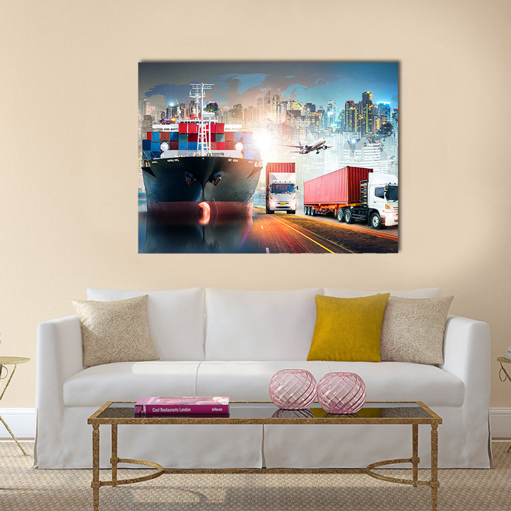Global Logistics Collage with Cargo Ship and Containers Canvas Wall Art in white, red and blue, single panel hung on a wall
