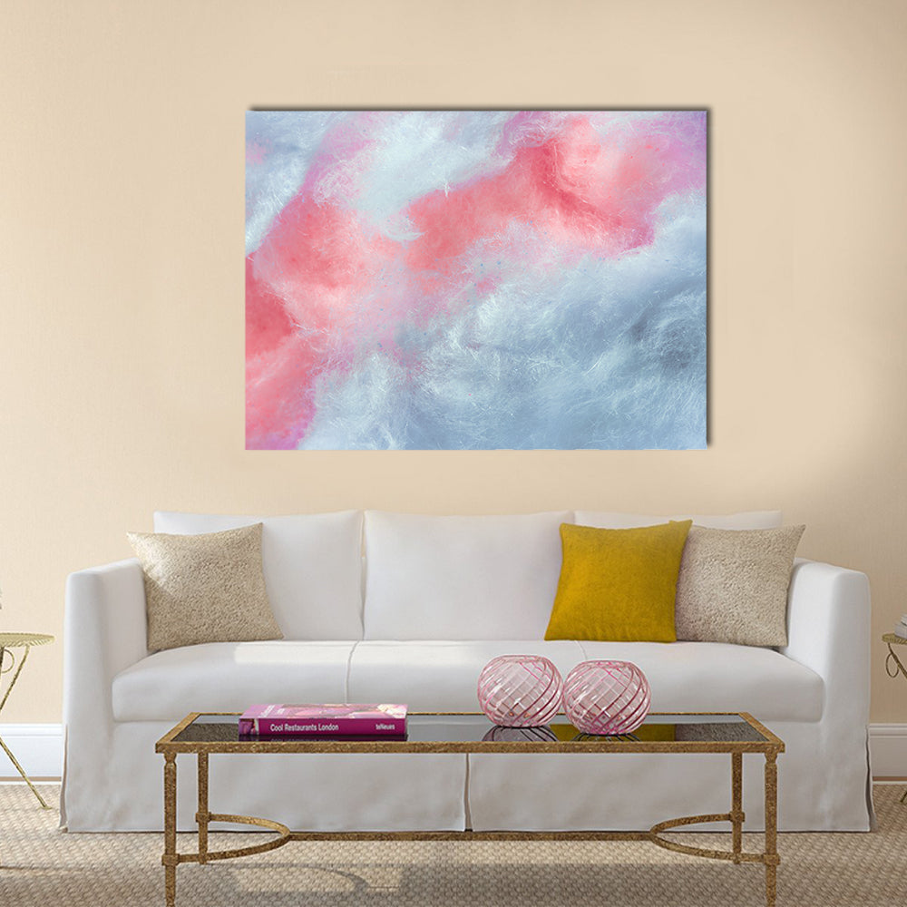 Cotton Candy Artwork Canvas Wall Art in white, blue and pink, single panel hung on a wall