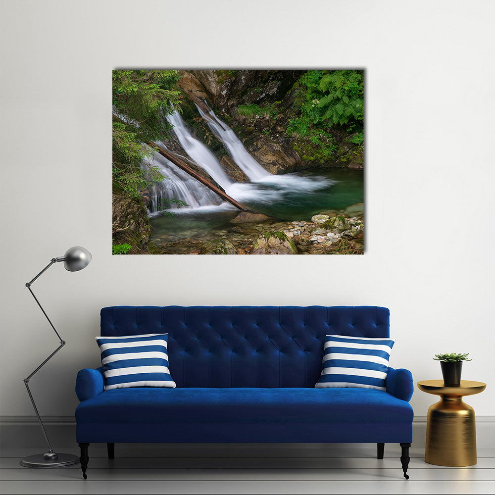Mountain Mickiewicz Waterfall Canvas Wall Art in white, brown and green, single panel hung on a wall