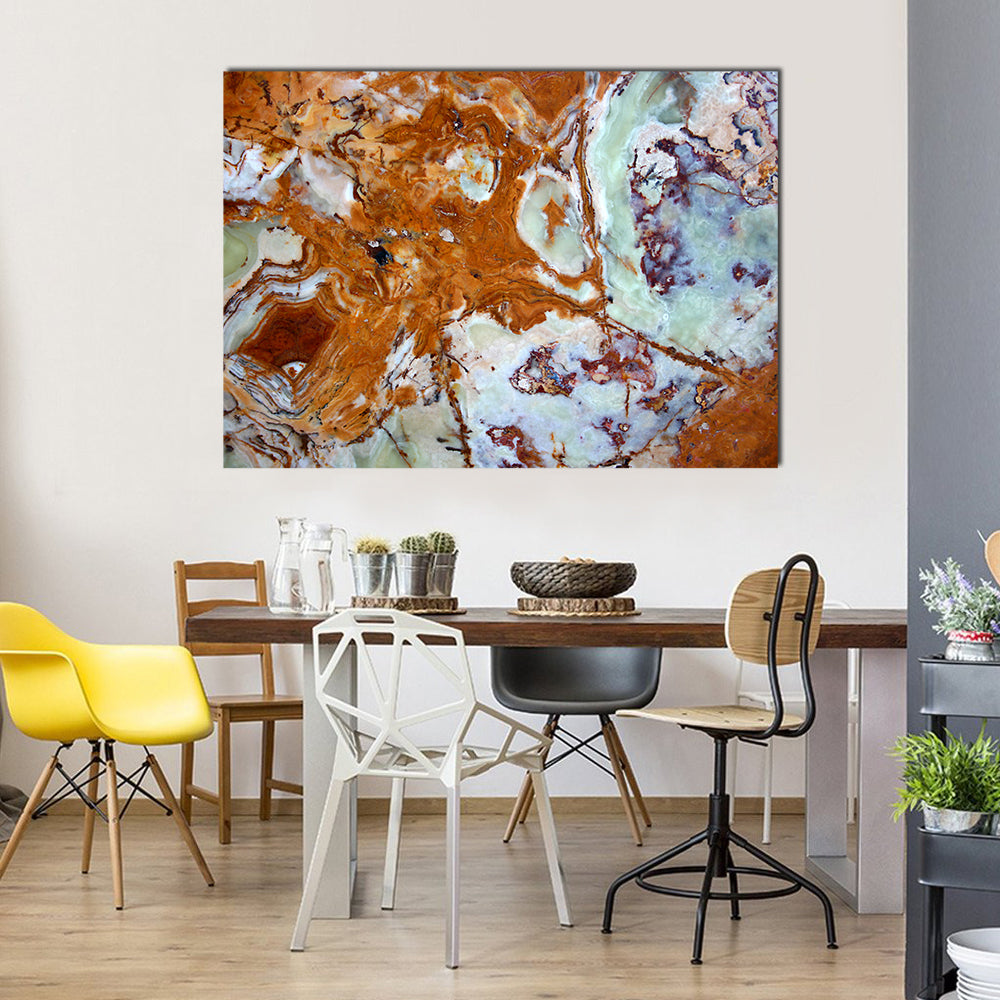 Onyx Texture Canvas Wall Art in white, brown and orange, single panel hung on a wall
