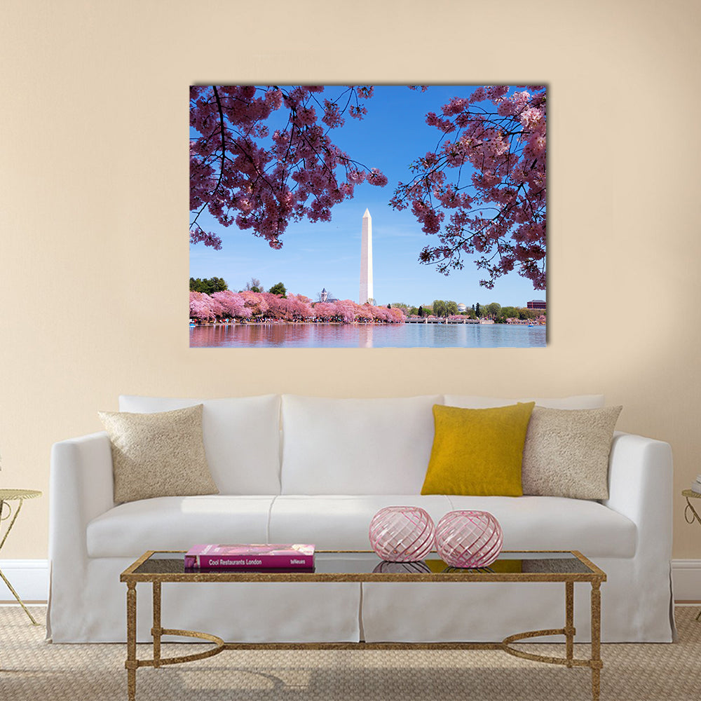 Cherry Blossom And Washington Monument Over Lake Canvas Wall Art
