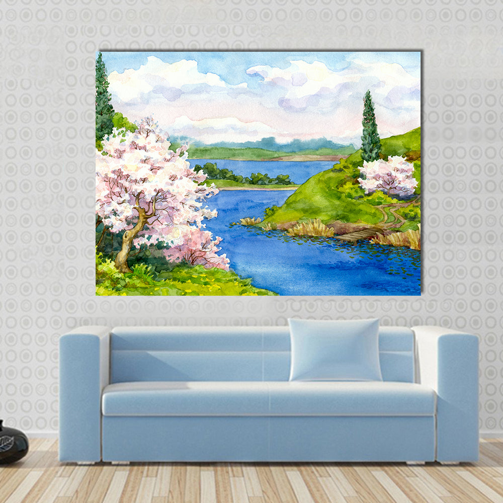 Spring Cherry Blossom Lake Landscape Canvas Wall Art in green, blue and pink, single panel hung on a wall