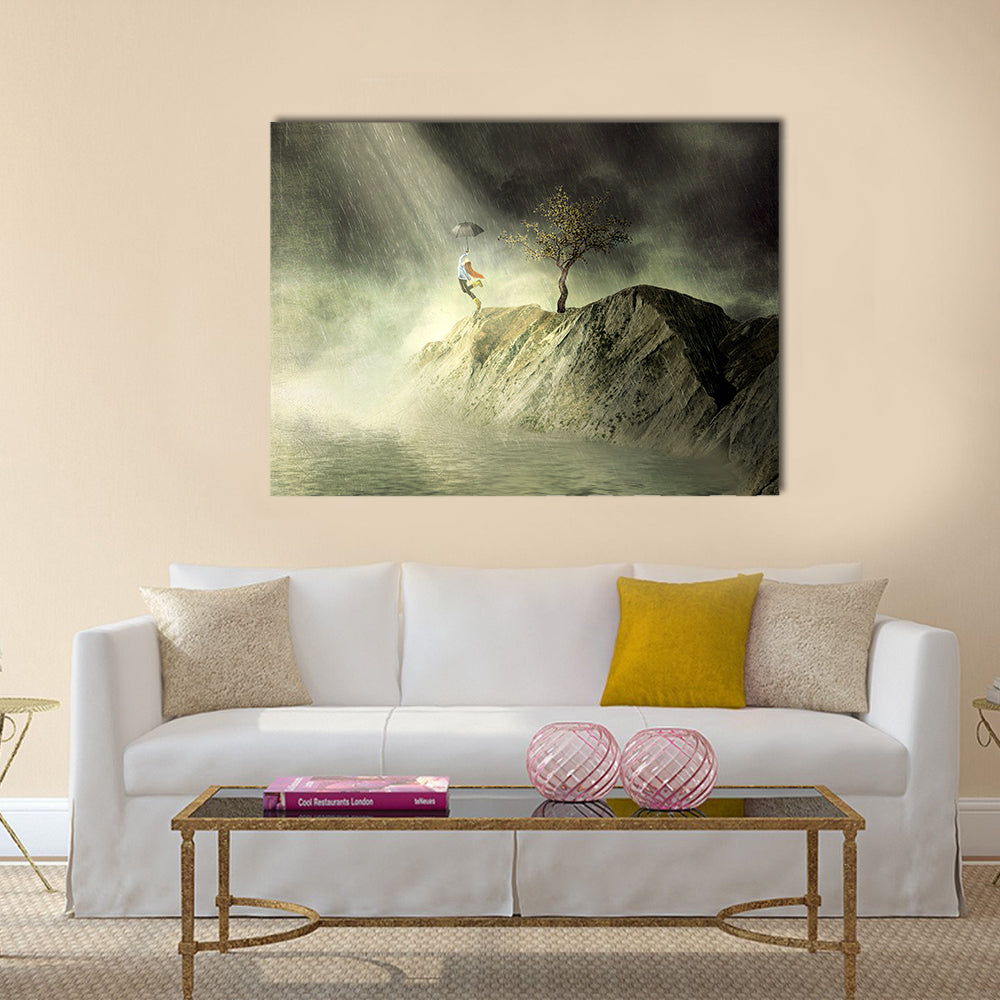 Person with Umbrella on Rainy Cliff Canvas Wall Art