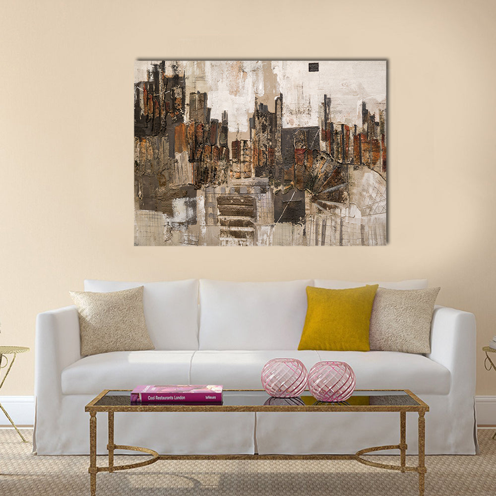 Textured Abstract Urban Skyline Canvas Wall Art in black, beige and brown, single panel hung on a wall