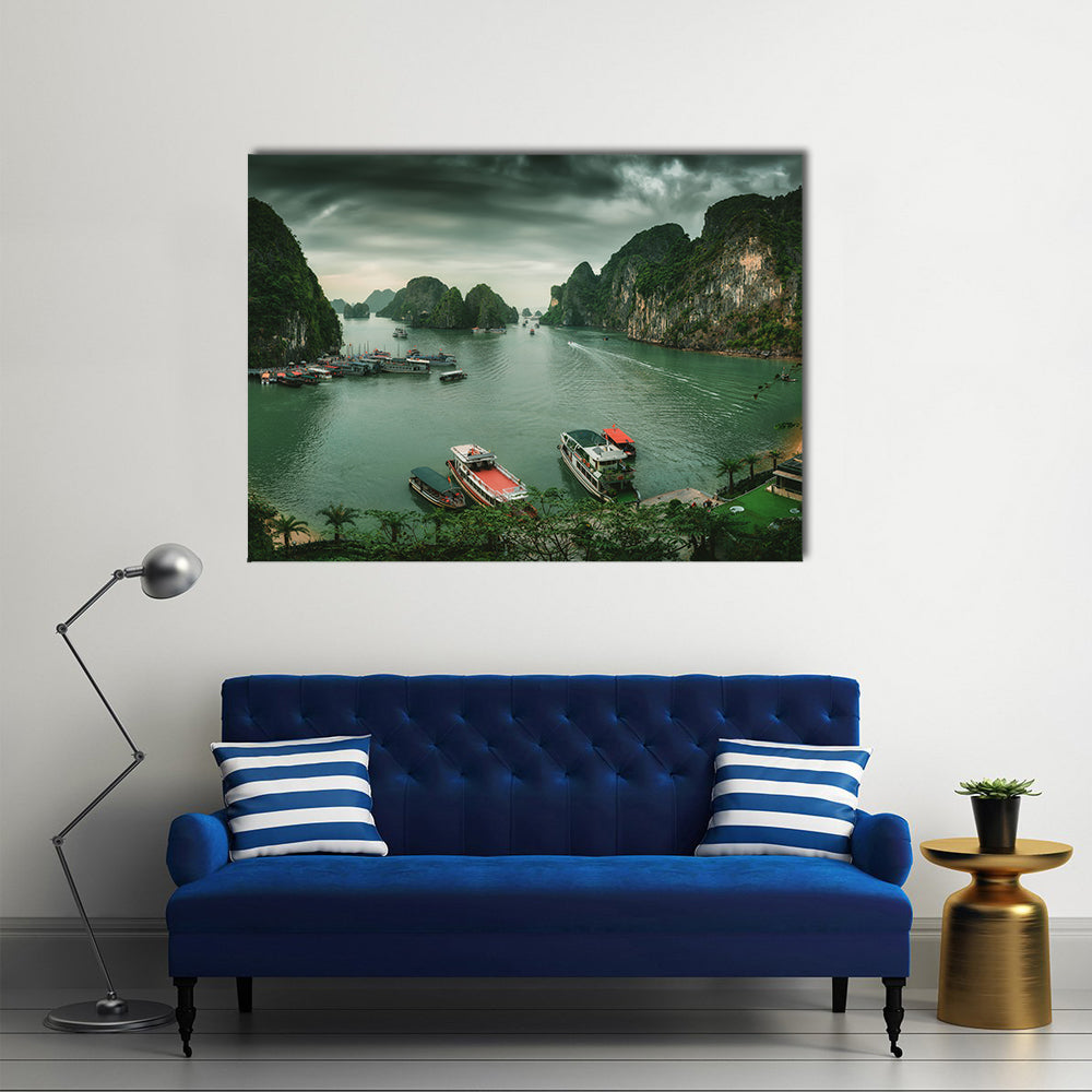Ha Long Bay In Vietnam Canvas Wall Art in gray, green and blue, single panel hung on a wall