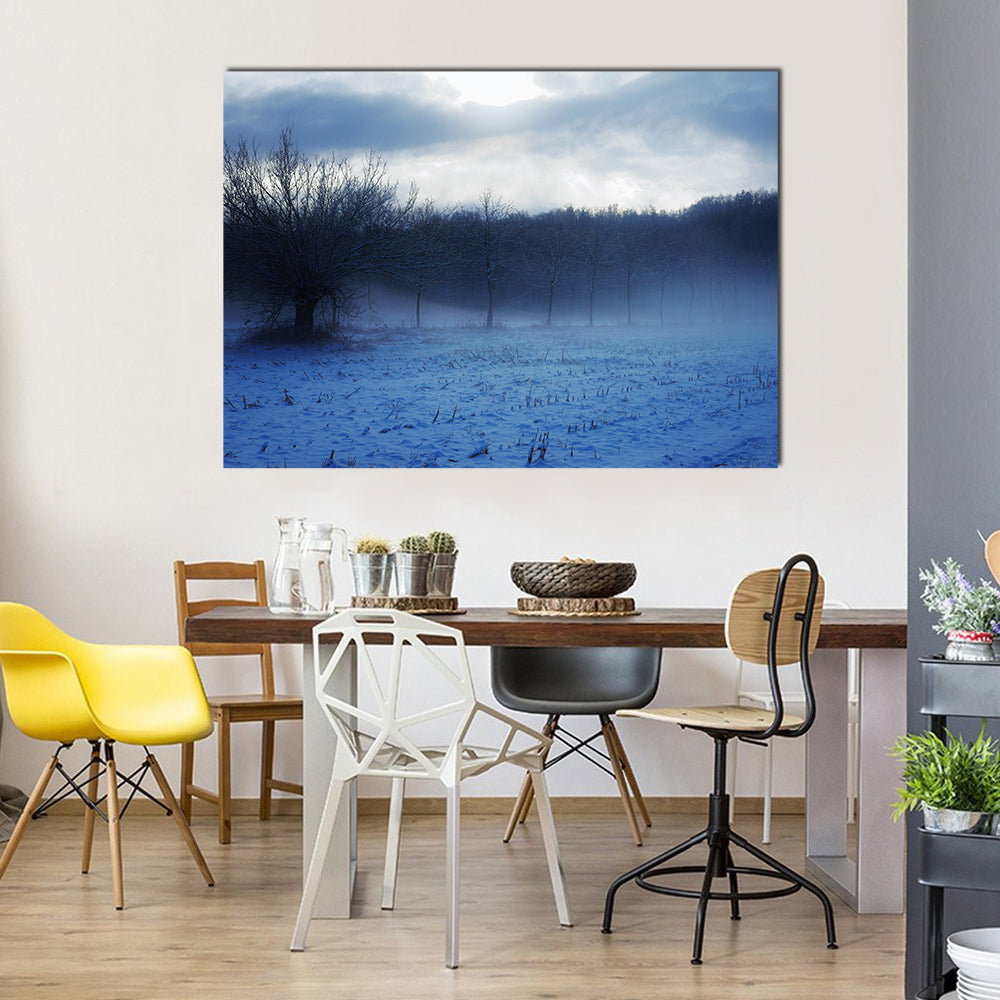 Italian Countryside in Winter Canvas Wall Art in white, gray and blue, single panel hung on a wall